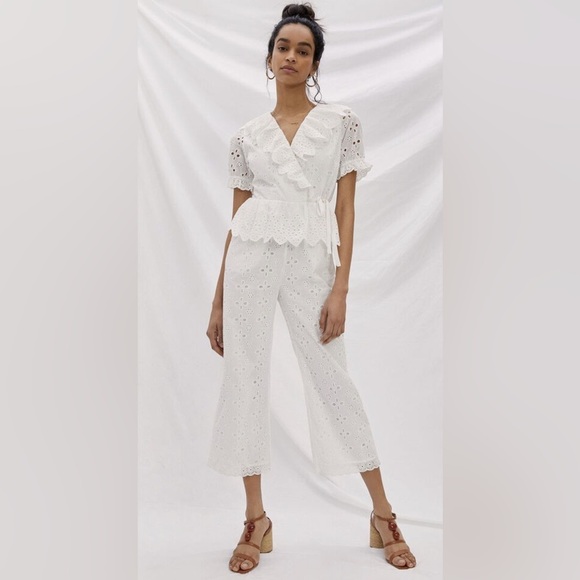 Anthropologie Eri + Ali White Eyelet Cropped Ruffle Eyelet Jumpsuit Size… - Picture 1 of 9